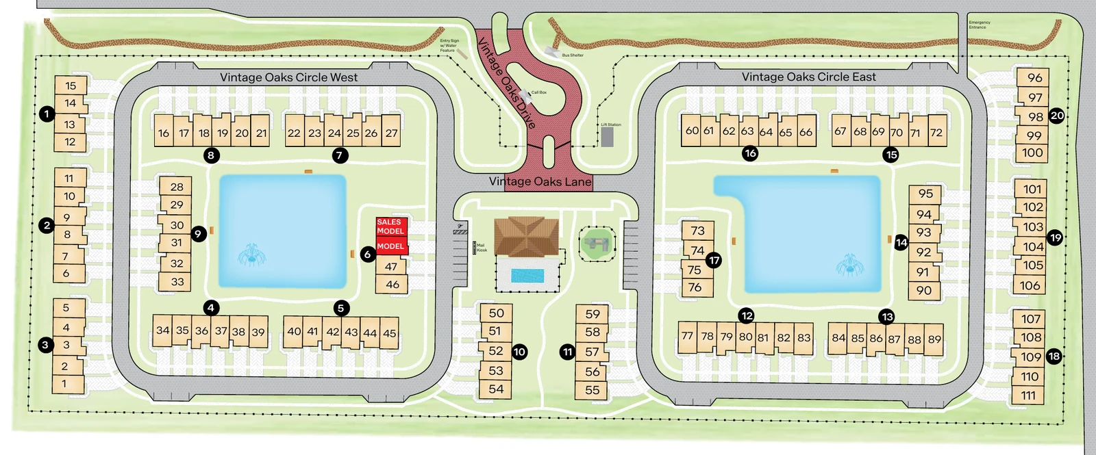Vintage Oaks community site plan showing all 111 homesites, the amenity area and both lakes
